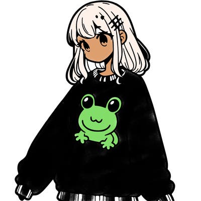 girl wearing frogging sweatshirt