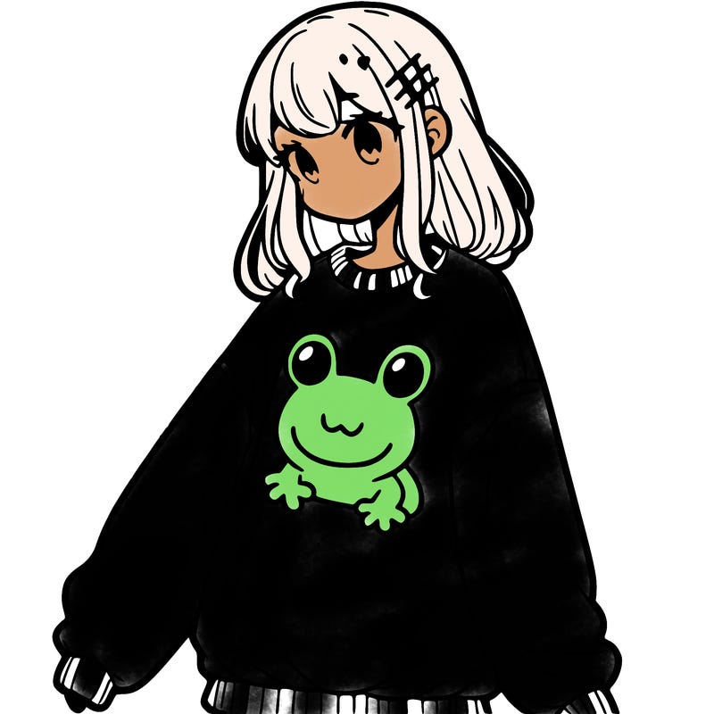 girl wearing frogging sweatshirt
