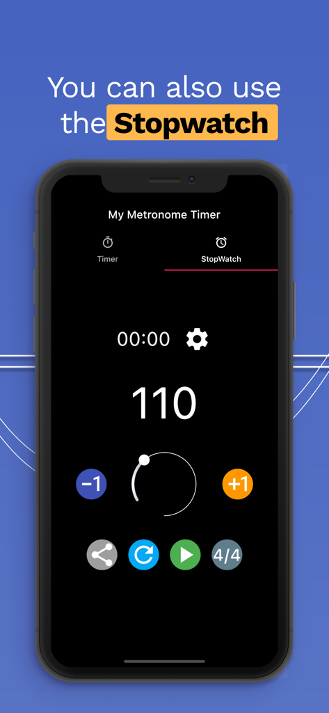 The stopwatch feature interface of the My Metronome Timer app showing a tempo of 110 BPM and practice session controls