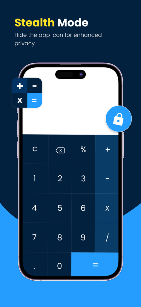 Calculator Vault - Lock Photo - Un teléfono inteligente que muestra la interfaz de la aplicación Calculator Vault con la función de modo sigiloso para ocultar el icono de la aplicación para una mayor privacidad