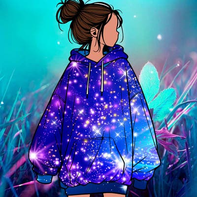 realistic girl with a oversized sweatshirt on and a bun