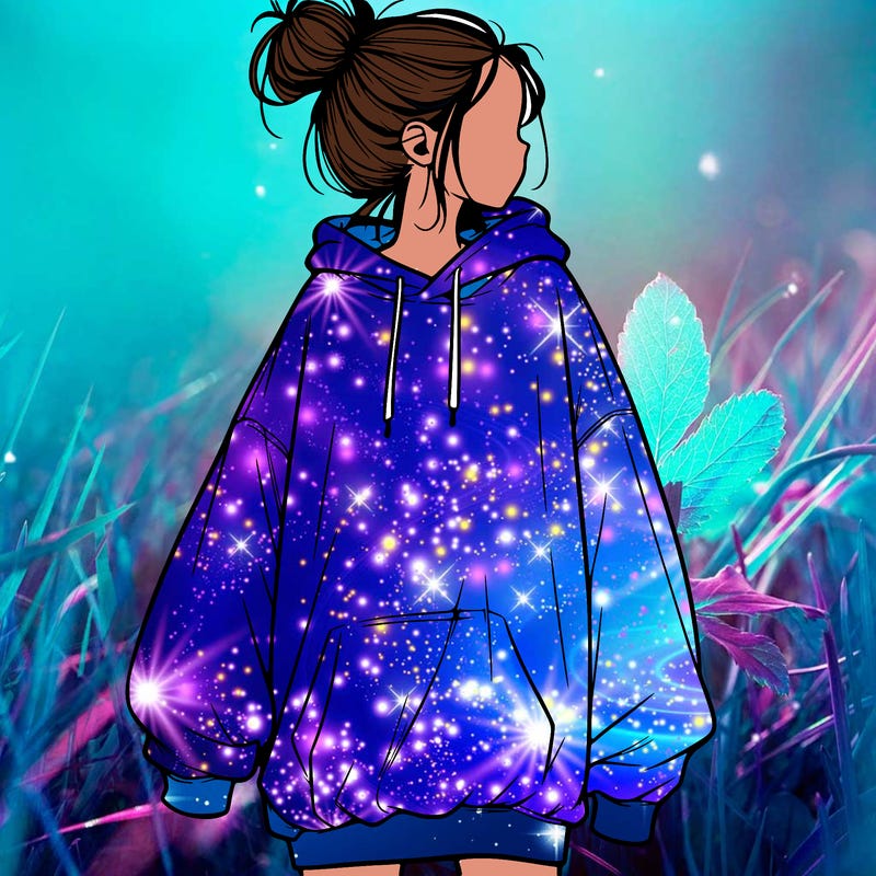 realistic girl with a oversized sweatshirt on and a bun