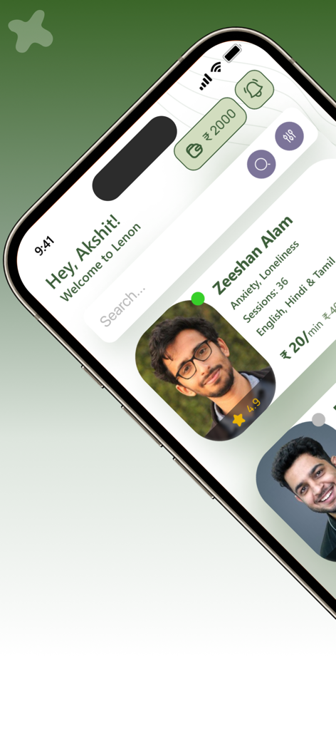 Lenon App-Oberfläche, die eine Liste verfügbarer Wellness-Experten und Therapeuten anzeigt.
