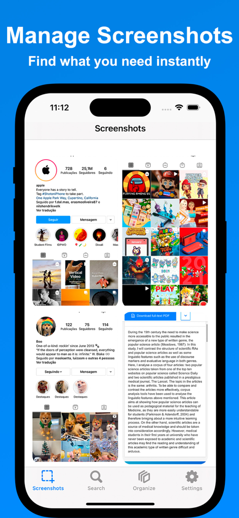 Screenshot Manager - Organizer - iPhone screen displaying the Screenshot Manager app gallery with organized visual bookmarks and search navigation