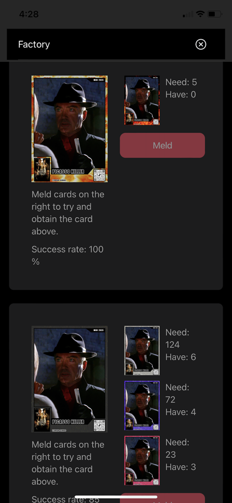 The factory screen of Terror Cards app showing how to meld cards to collect horror icons.