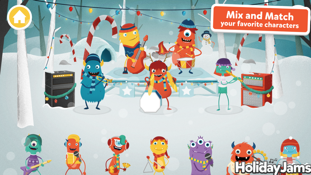 Colorful cartoon monsters playing musical instruments in a snowy holiday landscape
