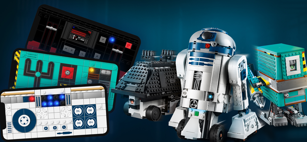 Three LEGO models and smartphones showing different digital control dashboards from the LEGO Powered Up app