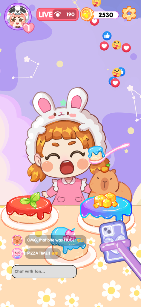 Cakeland: Mukbang ASMR - 귀여운 토끼 모자를 쓴 캐릭터가 케이크와 카피바라 친구와 함께 먹방 라이브 방송을 하고 있는 모습