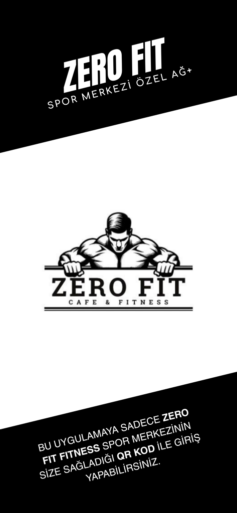 Pantalla de bienvenida de la aplicación Zero Fit mostrando el logo del gimnasio e información de entrada con código QR