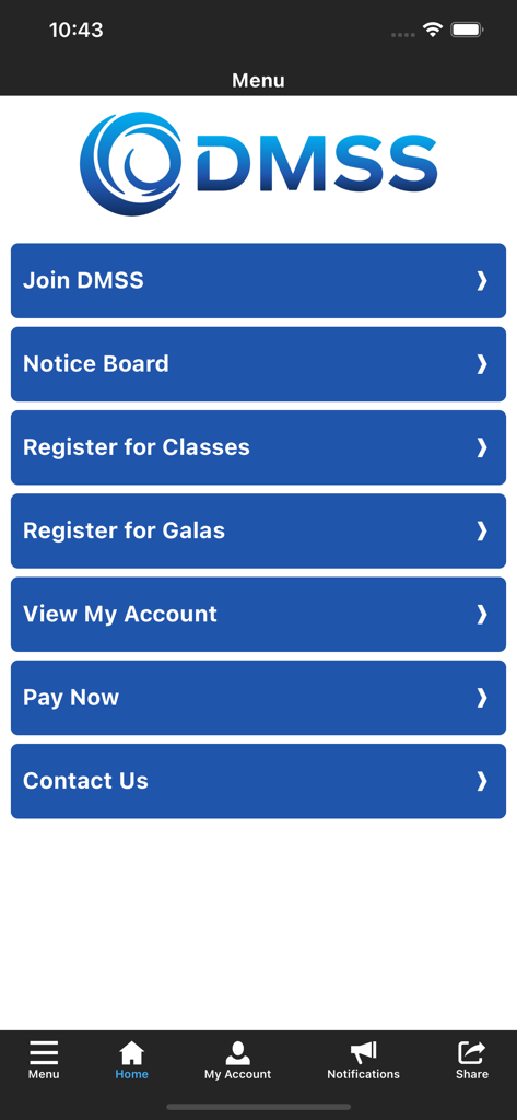 DMSS Swimming - Hauptmenü der DMSS Swimming App mit Optionen für Registrierung und Kontoverwaltung