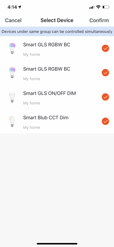 Maxim Smart app interface showing a list of selected smart bulbs for simultaneous group control