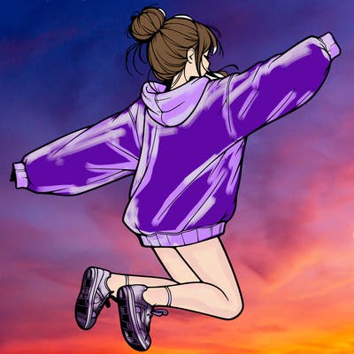 realistic girl jumping with a bun and oversized sweatshirt