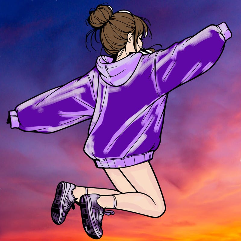 realistic girl jumping with a bun and oversized sweatshirt