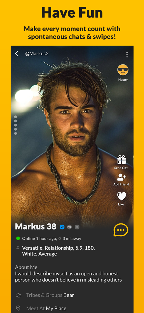 WOOLFR Gay Dating, Chat, Meet - Interface de profil utilisateur de l'application WOOLFR montrant une photo d'un homme nommé Markus avec des options pour envoyer un cadeau, ajouter un ami et discuter.