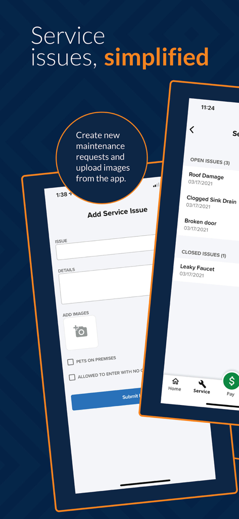 rmResident - rmResident app interface for creating and tracking maintenance service requests with photo upload feature