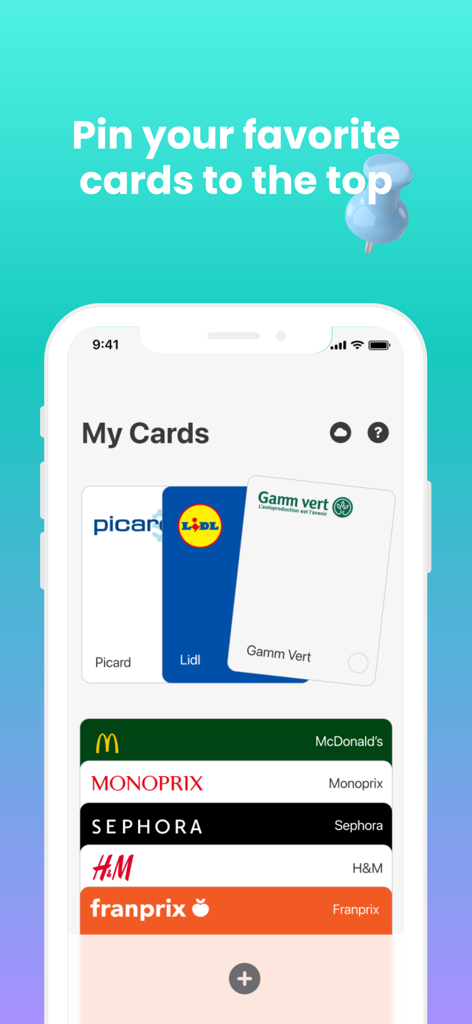 Fidélité - Loyalty Card Wallet - Fidélité loyalty card wallet interface showing pinned favorite cards at the top