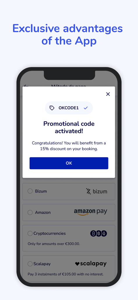 OK Mobility - Écran de l'application OK Mobility montrant l'activation d'un code promotionnel de 15 % de réduction et les méthodes de paiement