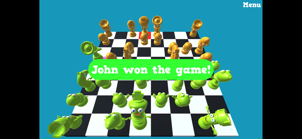 Écran de victoire d'Awesome Chess montrant des pièces 3D stylisées vertes et dorées et le message John a gagné la partie