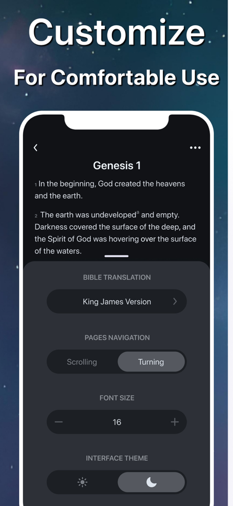 Soulway - Daily Bible Verse - Soulway app screen showing customization options for font size translation and night theme mode