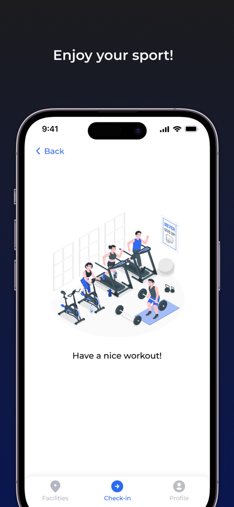 Interfaz de la aplicación Sportbenefit mostrando una ilustración de un gimnasio con personas haciendo ejercicio y un mensaje deseando al usuario un buen entrenamiento
