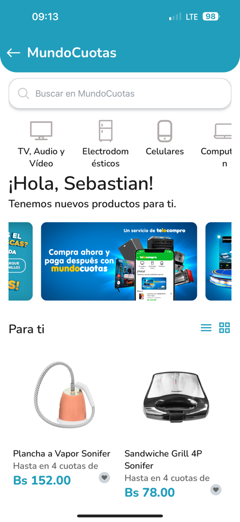 TeLoCompro - TeLoCompro mobile app showing the MundoCuotas screen with appliances and installment payment options
