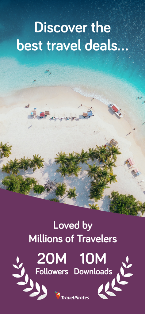 Imagen promocional de la aplicación TravelPirates con una playa tropical y estadísticas de ofertas de viajes