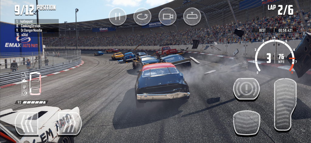 Intense car crash during a demolition derby race in Wreckfest