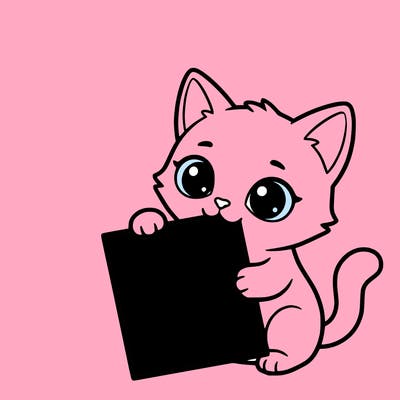 a small cat with a blank sheet of paper in its hand. the cat is sooooooo cute!
