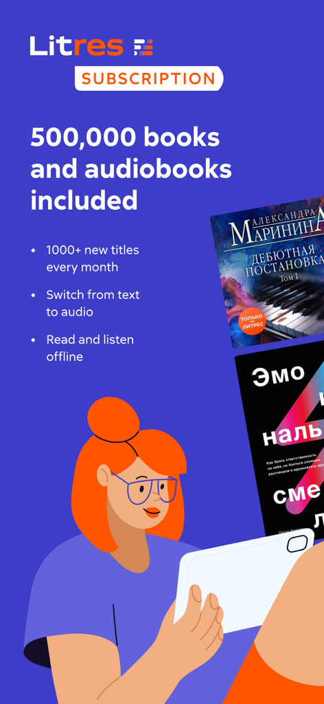 Litres: Books and audiobooks - Un graphique promotionnel pour l'abonnement à l'application Litres mettant en avant sa collection de 500 000 livres et livres audio avec accès hors ligne.