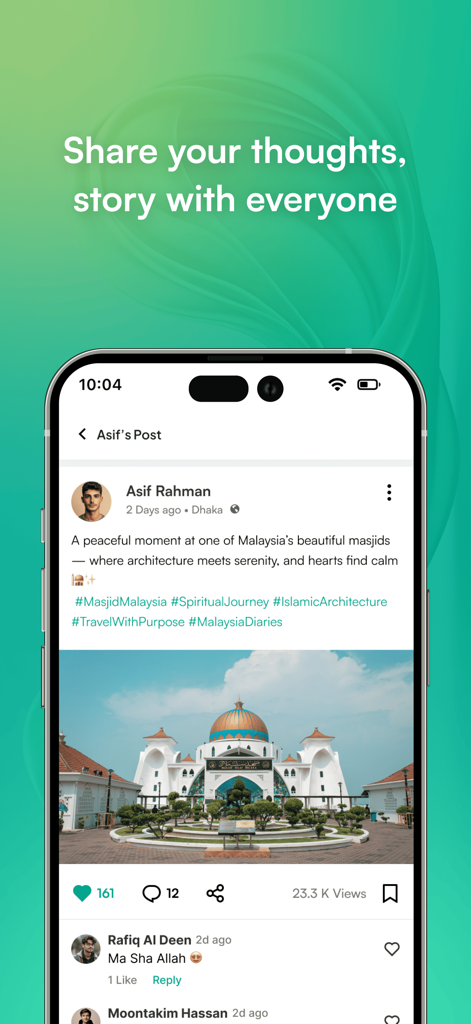Social media post on Hikmah app showing a photo of a masjid and user interactions