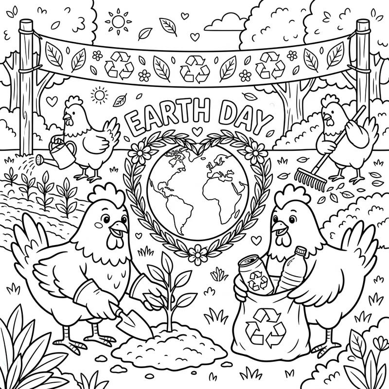 Join a group of adorable chickens as they lead the way in celebrating Earth Day with joyful environmental activities. This engaging coloring page is perfect for young artists to learn about caring for our planet.