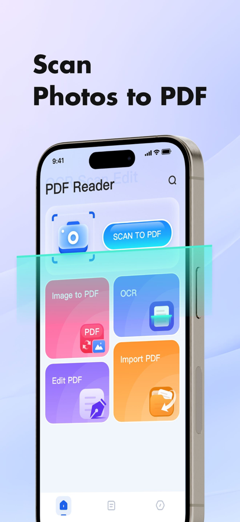 PDF Readerアプリのインターフェース。写真をPDFにスキャンするオプション、OCRテキスト認識、ドキュメント編集が表示されています