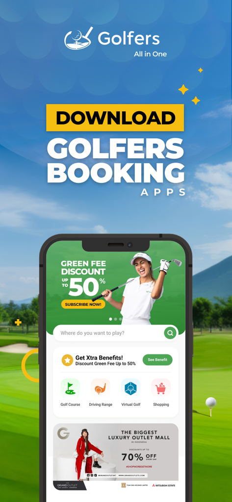 Smartphone screen displaying the Golfers Booking app interface with green fee discounts and search options for golf courses