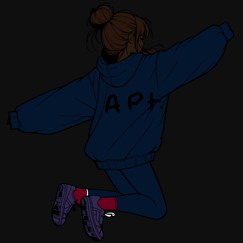 realistic girl jumping with a bun and oversized sweatshirt
