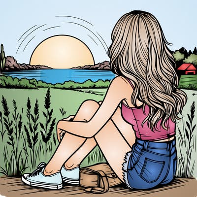 realistic girl sitting and watching the sunset