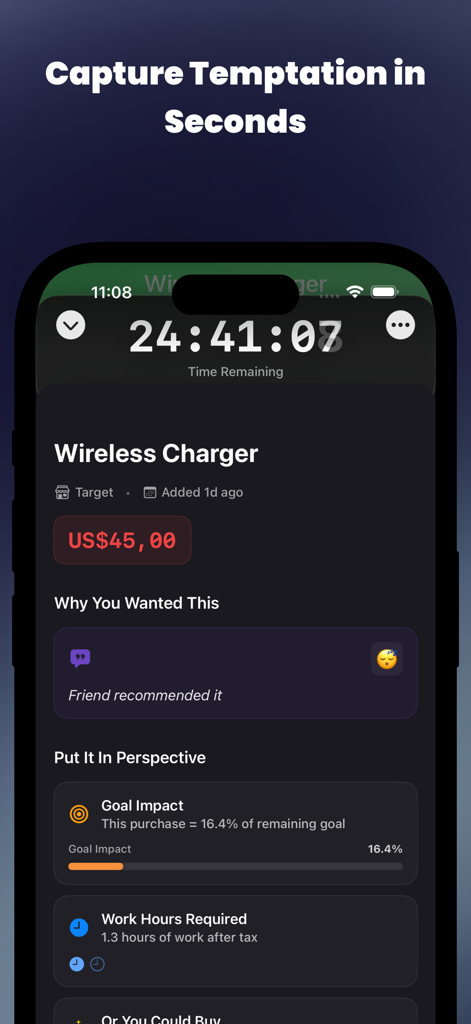 SpendShield - Impulse buying - Interface do aplicativo SpendShield mostrando um timer de reflexão de 24 horas para um carregador sem fio com métricas de impacto financeiro, incluindo horas de trabalho necessárias.