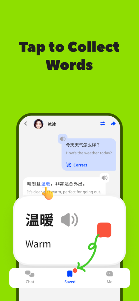 LingChat – AI Speaking Friends - Interface of LingChat app showing how to tap a word to see its translation and save it to a vocabulary list