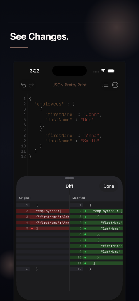 TextNova app interface displaying JSON code formatting and a side by side text difference comparison tool