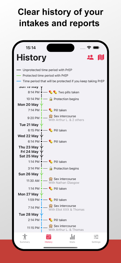History screen of My PrEP app displaying a timeline of pill doses and HIV protection status