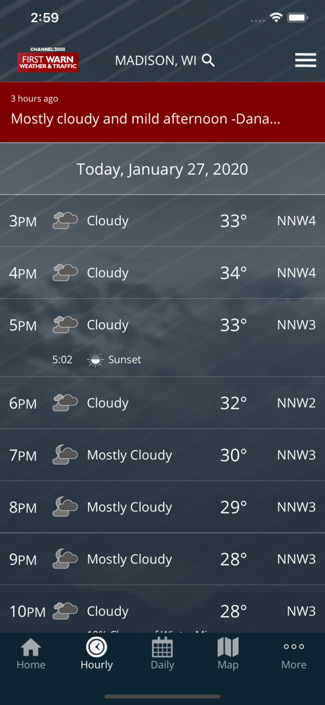 Hourly weather forecast for Madison Wisconsin in the Channel3000 app showing temperatures and sky conditions