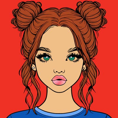 realistic girl with two buns in hair and lips