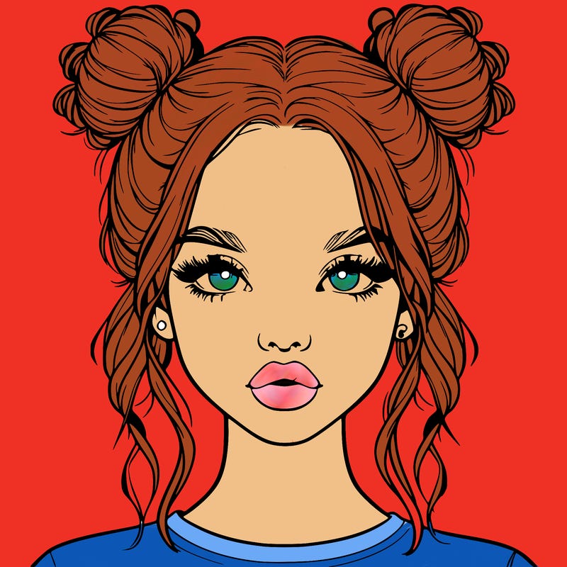 realistic girl with two buns in hair and lips
