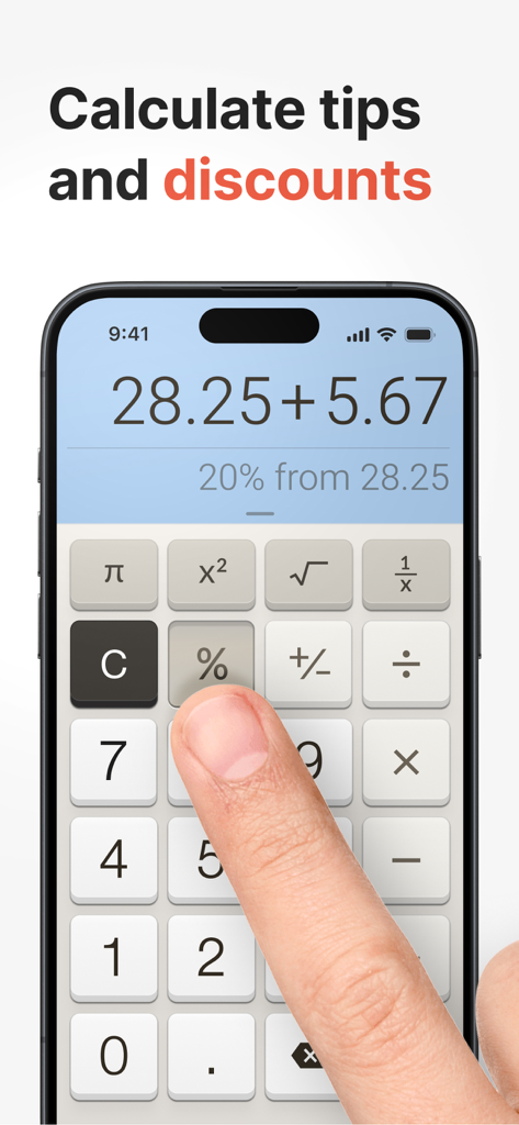 Calculator Plus with History - Interfaz de Calculator Plus que muestra cálculos de propinas y descuentos.