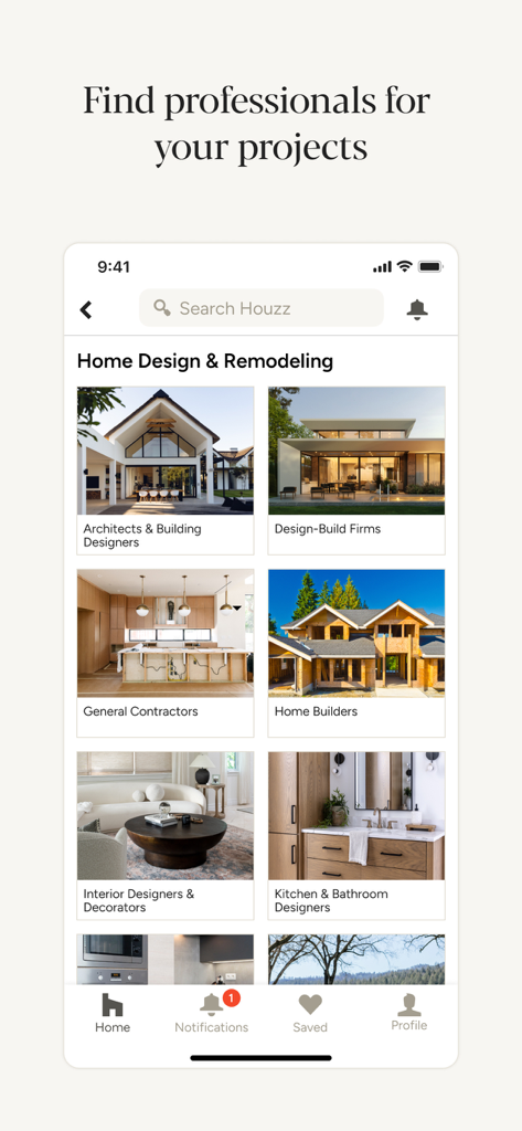 Capture d'écran mobile de l'application Houzz affichant les catégories professionnelles pour la conception et la rénovation de maisons