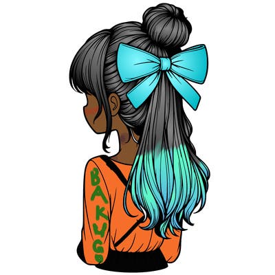 realistic girl  with hip length hair a bun and a big bow on the back of head