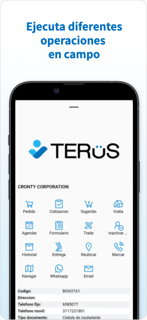 Terus - The Terus mobile app dashboard showing various field sales automation tools including order capture and customer visit management
