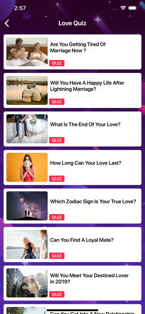 Screenshot des Liebesquiz-Bereichs in der Horoskop 2020 App mit verschiedenen Beziehungs-Themen-Persönlichkeitstests.