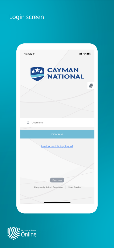 Cayman National - Login screen of the Cayman National mobile banking app showing the username field and bank logo