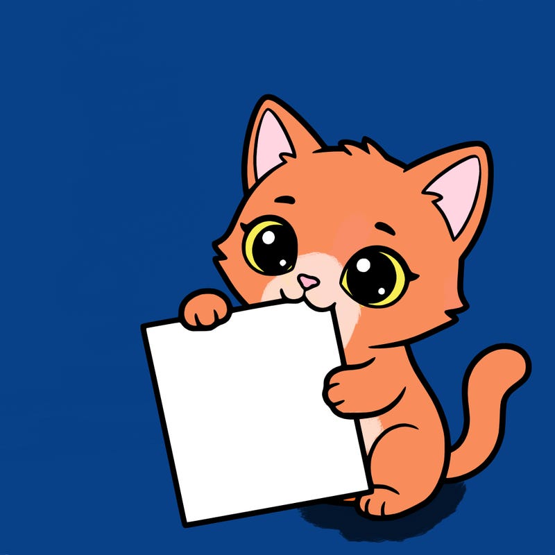 a small cat with a blank sheet of paper in its hand. the cat is sooooooo cute!