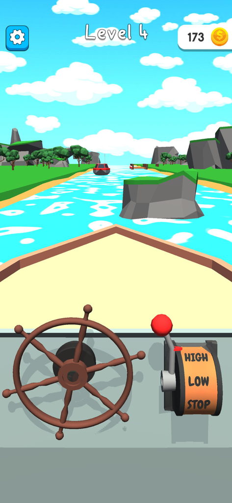 First person view of boat steering wheel and throttle controls in Hyper Boat gameplay